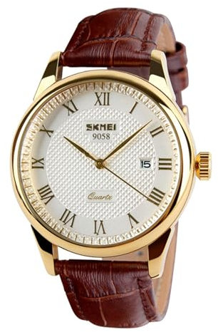 Forrader - Reloj analógico de cuarzo para hombre, correa de cuero, números romanos, impermeable, a la moda, casual, para hombres (dorado/marrón), Dorado/marrón, Correa