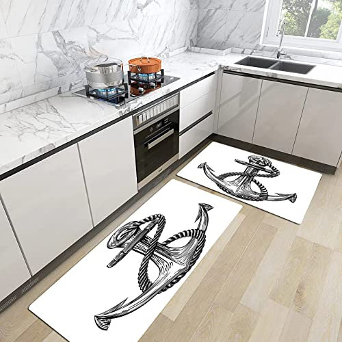 2 Piece Kitchen Mats Rug Set,Anchor,Vintage Sketch Style Monochrome Rope Arrangement Naval Equipment Il,Kitchen Mats And Rugs, Non-slip, Oil Resistant Floor Mats for Kitchen, Office 45x70 cm+45x120 cm