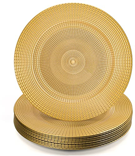 Hiceeden 12 Pack Gold Charger Plates for Dinner Plates, 13 Round Plastic Chain Shaped Charger Service Plates, Decorative Chargers Bulk for Table Setting, Wedding, Party, Event