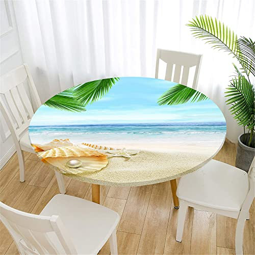 FANSU Ozean Runde Tischdecke Elastisch Abwaschbar für Draußen 3D Strand Rund Tischdecken Wasserdicht Tischdecken Lotuseffekt Tischtuch für Outdoor Garten (Durchmesser 140cm,Perlen blätter)