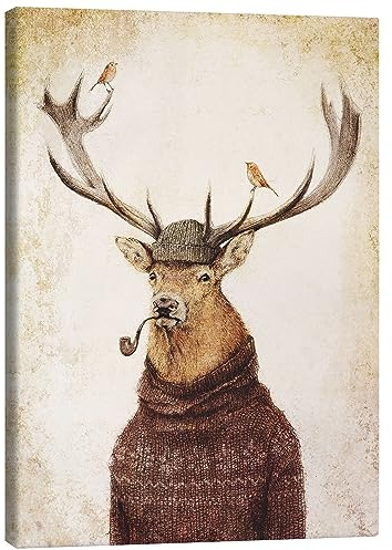 Posterlounge Hirsch mit Pfeife Leinwandbild | 50 x 70 cm von Mike Koubou Beige Wandbilder Wanddeko