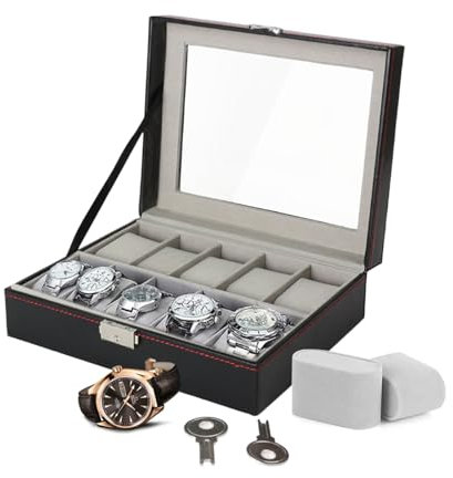 LKH Watch Box 10 Slot - Premium Watch Storage Case with Metal Clasp Lock & 2 Keys, Faux Leather With Removable Pillows Watch Organizer for Men & Women, Display Case with Glass Lid & Pillows