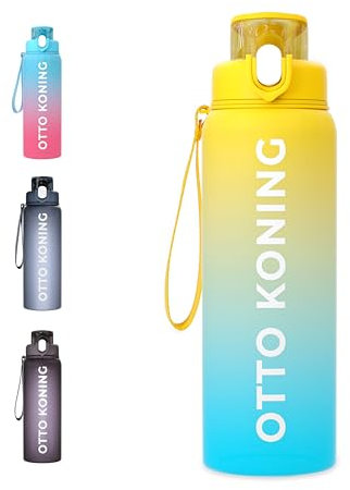 Otto Koning Borraccia 1 Litro Palestra Borracce Fitness Antigoccia, Bottiglia Acqua BPA Free con Apertura Un Pulsante, Spazzola Pulizia Inclusa - Per Scuola, Ufficio, Sport