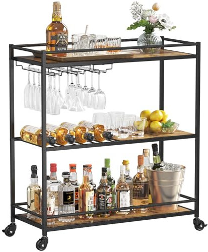 Lifewit Servierwagen, 3-stöckiger Barwagen auf feststellbaren Rädern, Küchenrwagen für 12 Gläser und 4 Weine, Servierwagen mit Rollen für das Esszimmer, 80,2 x 33,2 x 86 cm, Schwarz