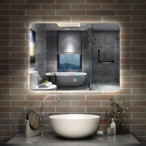 Aica Sanitär Badspiegel mit Beleuchtung 60×40cm Touch Wandschalter Kaltweiß dimmbar Memory-Funktion Badezimmerspiegel Spiegel Energiesparend Lichtspiegel IP44