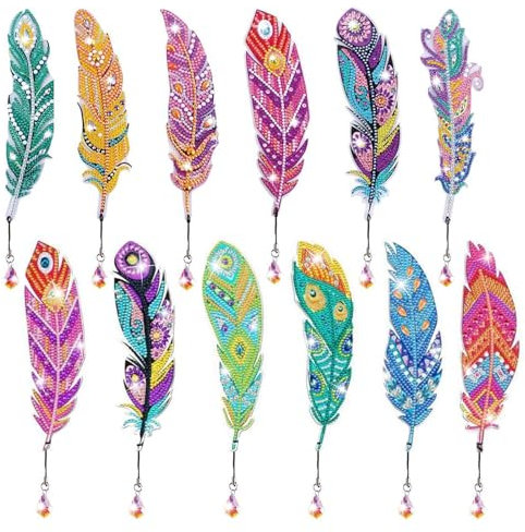 Diamond Painting Federn Lesezeichen Kinder - 12 Stück Lesezeichen Diamond Painting Set Diamant Painting Bookmark Kindergeburtstag Basteln für Jungen Mädchen und Erwachsene