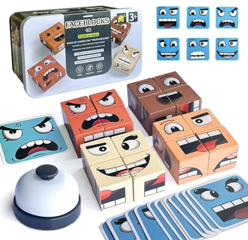Face Change Cube, Holz Würfelpuzzle Emoji Zauberwürfel Baustein Spielzeug, Holzwürfel Emoji Blocks Spiel mit Tischglocke IQ Puzzle Interaktion Matching Spiele für Kinder ab 3 Jahren