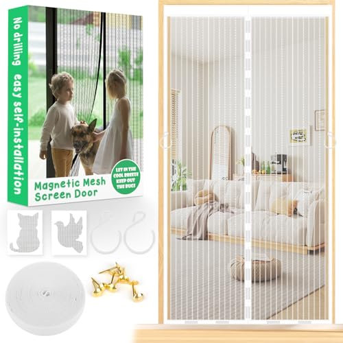 Magnetic Fly Screen Door 80 x 200cm Heavy Duty Door Curtain with Powerful Magnets and Full Frame Magic Tape Hands Free Mesh Partition Curtain Keeps Bugs Out Without Drilling Pet Friendly (80x200White)