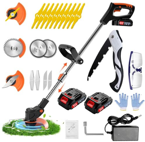 Débroussailleuse Electrique sans Fil 21V 2.0Ah ， Coupe Bordure avec 2 Batterie et3 Types De Lames,Debrouissalleuses Batterie/Coupe Bordure sans Fil avec Batterie Convient pour tondre Les Jardins