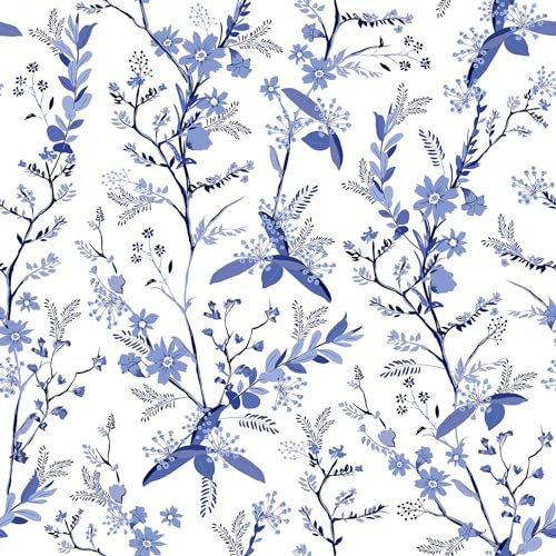 VEELIKE Blue Botanical Wallpaper Blue Floral Wallpaper Vintage White Leaf Contact Paper for Furniture Sticky Back Plastic Patterned Wall Paper for Bedroom Art Deco Wall Mural Cabinet 44.5cm×300cm