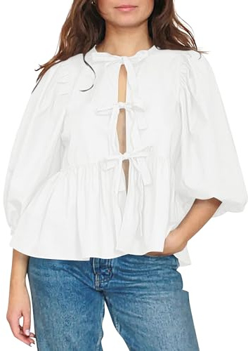 Cioatin Femme Blouse avec Noeud Papillon au Devant, Manches Courtes à Volants Y2K, Ourlet Péplum, Débardeur Bébé, Détail en Dentelle, Blouse d'été pour Sortir, Blanc, L