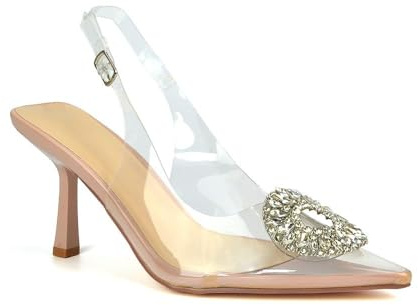 ESSEX GLAM Women's Clear Perspex Slingback Jewel Heels Ladies Nude Pointed Toe Court Shoes Size 3-8