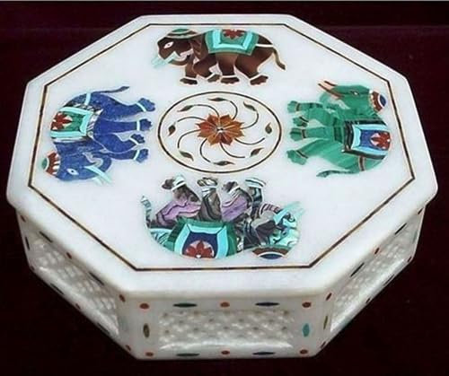 13 x 13 cm oktagonformad vit marmor prydnadslåda med kungligt utseende elefant design inlägg arbete kedjelåda