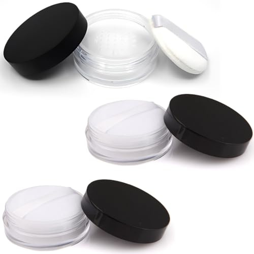 FMYODWU 3 Stück 5g leere Puderdose mit Quaste, lose Puderdose, Reise-Puderdose mit Schwammquaste, wiederverwendbare lose Puderdose, tragbare DIY-Kosmetik-Puderdose mit Maschensieb-Puderquaste
