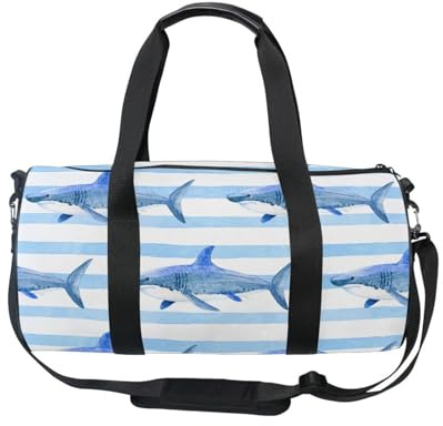 Mnsruu Sporttasche mit Schultergurt für Damen und Herren, Hai auf gestreifter Seesack, Reisetasche, Training, Workout-Tasche mit Schuhfach für Übernachtung, Wochenende, #01, Einheitsgröße, modisch