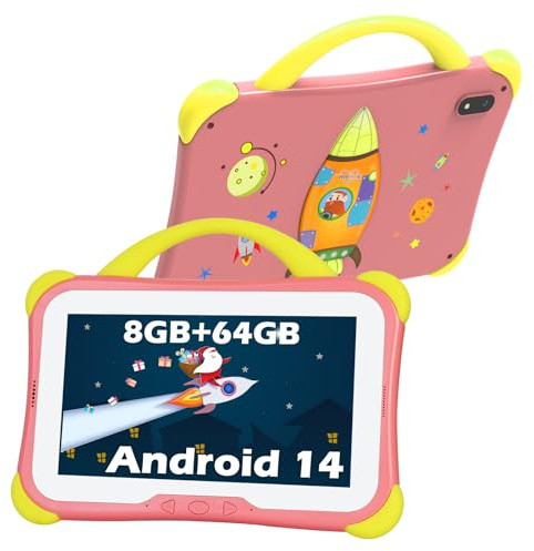 weelikeit Kids Tablet 7 inch with 8GB RAM 64GB ROM Android 14, Dual Camera, WiFi, Bluetooth - Educational Learning Device with Parental Control and Apps for Girls Boys (Pink)