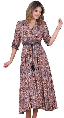 Allegra K Women Boho Floral V Neck Half Puff Sleeve Maxi Dress | 3/4 Sleeves Split Front Swing Flowy Silhouette Comfortable Fit Spring Summer Beach Party Vacation Daily
