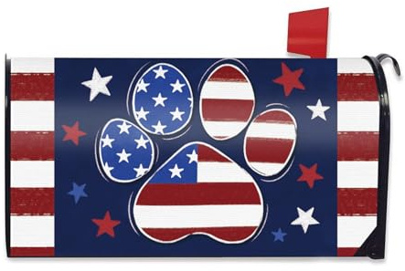 FBCOO 4th of July Dog Cat Paw Print Mailbox Cover Magnetic Standard Size 20.5 x 18, Patriotic America Decorative Post Letter Box Wrap Decor, American USA Stars Garden Yard Outdoor Decoration