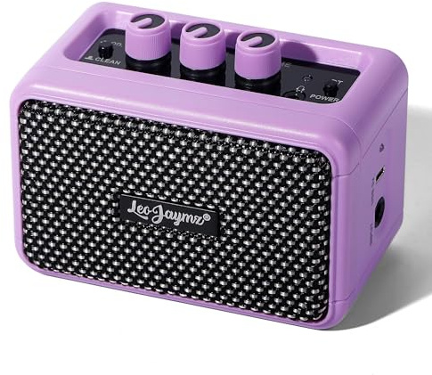 Leo Jaymz 5W Mini Guitar Amp, Portable BT Electric Guitar Amplifier, Dual Speaker Rechargeable, Clean & Overdrive Tone, Headphone Jack for Home Bedroom Travel Practice (Purple)