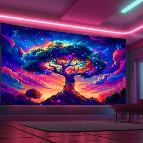 Arsey Schwarzlicht Wandteppich Lebensbaum, 300 X 180 CM | Aesthetic Psychedelic, UV-Reaktiv, Galaxy Himmel Bunt, Natur Landschaft Baum Des Lebens, Wanddeko Wohnzimmer