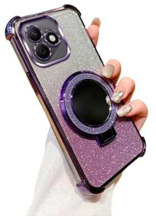 IMEIKONST Glitter Case for Honor 400, Plated Flash Mirror Ring Kickstand Camera Protector Airbag Corner Drop Protection Shockproof Transparent TPU Cover for Honor 400. Purple SJF