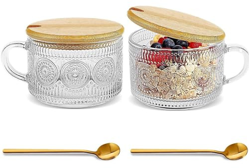Zykphao 2Pcs Vintage Coffee Mugs, Overnight Oats Containers with Bamboo Lids and Spoons - 14oz Clear Embossed Glass Cups, Stackable Breakfast Cups, Coffee Accessories