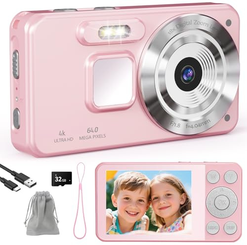 HERBYD Appareil Photo Numérique 4K 64MP - Caméra Portable avec Zoom Numérique 18X, Écran LCD 2,8, Carte SD 32GB Incluse, Stabilisateur d'image - Idéal Enfants, Adolescents et Débutants & Voyages