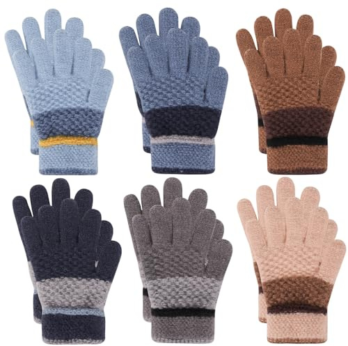 QKURT 6 par varma handskar för barn, mjuka termiska magiska handskar elastiska hela fingervantar pojkar flickor vinter fleece vantar färgglad mysig stickad handske för daglig värme, ålder 4-12, BLÅ