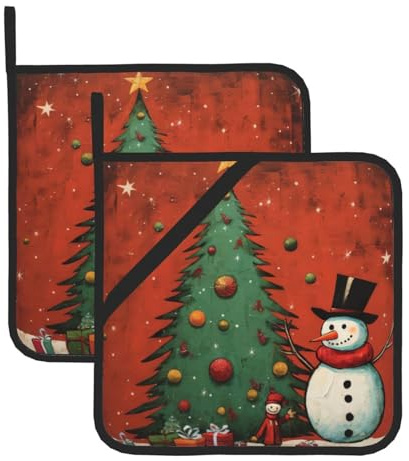 Set di presine resistenti al calore, presine per cuocere, grigliare e cucinare, motivo pupazzo di neve con stampa completa di albero di Natale