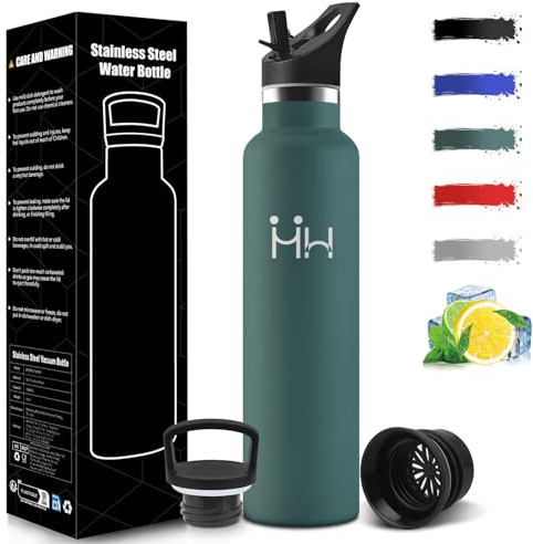 Mulbijeo Gourde Isotherme 1L, Étanche sans BPA, Bouteille Isotherme, Réutilisable, Gourde Avec Paille, 18/8 Acier Inoxydable, Double Paroi, Bouteille d'eau pour Sport, Randonnée, Bureau, Yoga