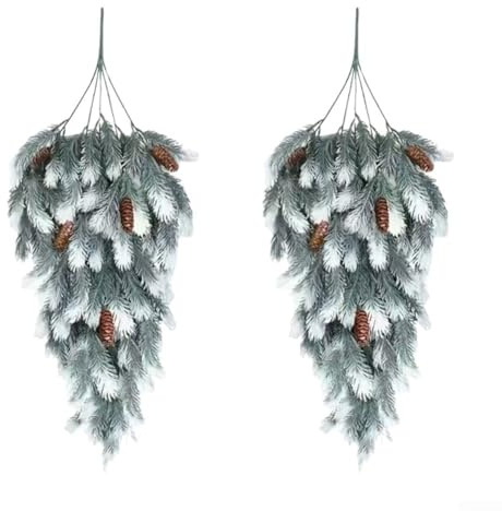 Künstliche Tannenzweige mit Tannenzapfen, Tropfen-Design zum Aufhängen von Weihnachtsdekorationen für drinnen und draußen, Weiß, 2 Stück