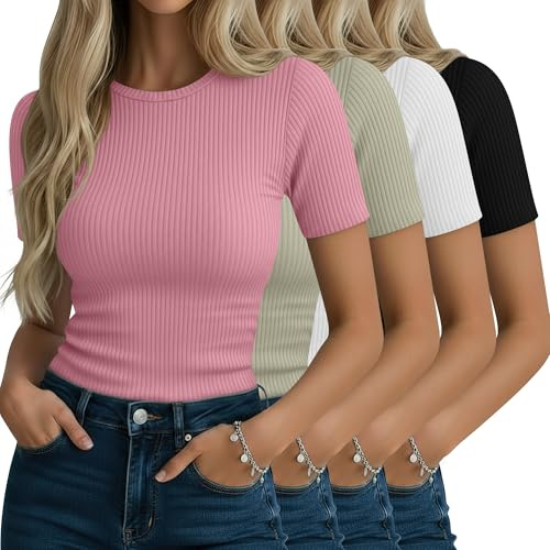 Neer 4 Pack Women's Short Sleeve T-Shirts Cotton Ribbed Slim Fitted Tops Crew Neck Summer Casual Shirt Basic Tight Tees 2026(Black, White, Light Bean Green, Pink,Small)