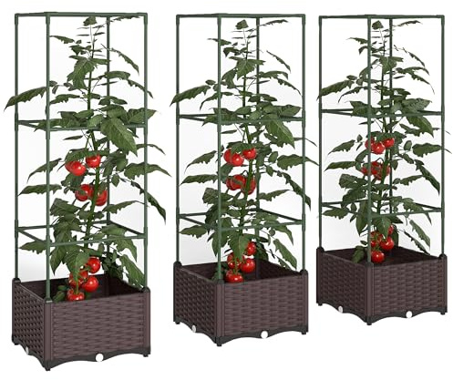 Outsunny Hochbeet mit Rankgitter 3er Set Pflanzkasten Blumenkasten mit Abflusslöchern Blumenbeet Pflanzkübel Blumenkübel Rankkasten für Kletterpflanzen Garten, Balkon, 40 x 40 x 125 cm