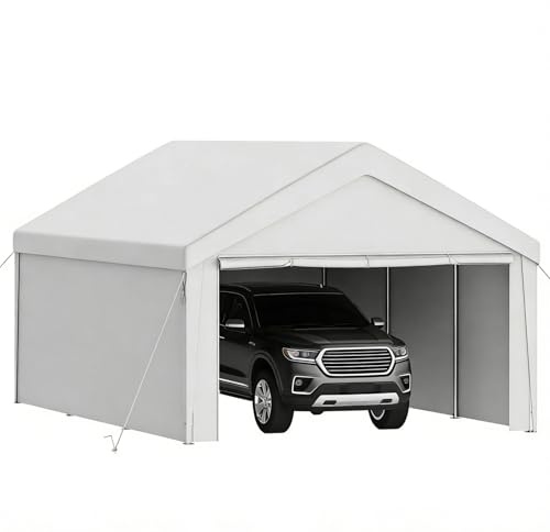 Ferzone Tente de Garage 4x6m, Carport Abri Voiture avec Bâche PE & Porte Enroulable, Tente de Stockage Pliant Exterieur avec Parois Latérales Amovibles pour Moto Outils SUV Camion Bateau, Blanc