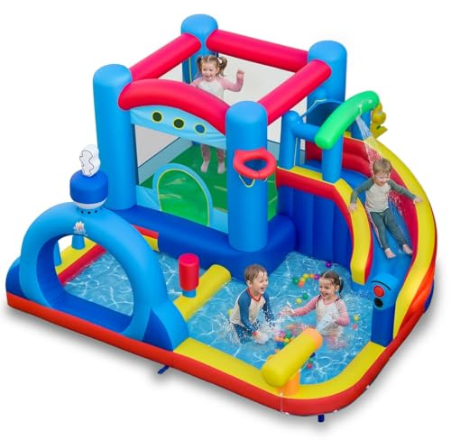 COSTWAY Inflatable Water Park, Kids Bouncy Castle with Slide, Splash Pool, Water Cannon, Punching Bag, Ocean Balls & Basketball, Outdoor Blow Up Bounce House for 3-12 Years Old (without Blower)
