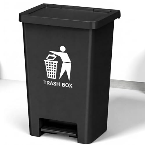 BURAKH Pedal Bin Kitchen Waste Bin 50L / 80L – Hands Free Foot Operated Trash Can with Lid – Heavy Duty Plastic Recycling Bin for Home, Office, Garden & Commercial Use (Black, 50L)