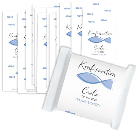 Mimi und Anton KONFIRMATION Gastgeschenk BANDEROLE DANKESCHÖN | 12x Aufkleber | Personalisiert | Gastgeschenk FISCH (Blau)