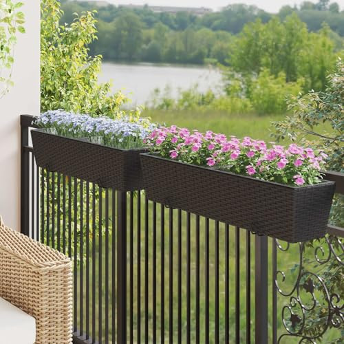 QINXIXINAIXI Elegante fioriera da balcone in metallo con effetto rattan, fioriera trapezoidale per ringhiere, robusta struttura in acciaio con ganci per un facile fissaggio