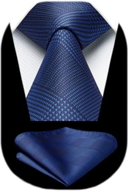 HISDERN Cravate Homme Bleu marine Mariage Élégant Cravates et Pochette Plaid Classique Ensemble de Cravate Mouchoir d'affaires Fête
