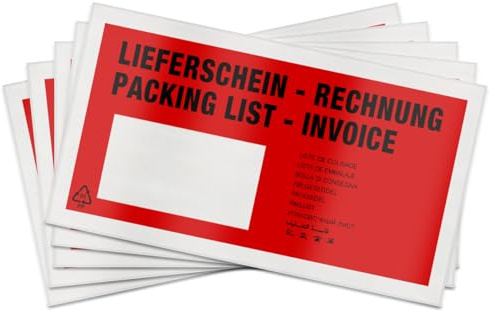 verpacking 250 Lieferscheintaschen 225 x 110 mm DIN Lang selbstklebend Dokumententasche für Rechnungen und Dokumente Rot bedruckt