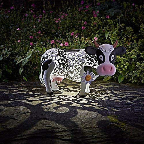 Garden Mile Metal Cow Garden Ornament - Filigree Light Scroll Effect - With Colour Changing LED - Solar Powered - Waterproof Decorative Outdoor Lighting for Patio, Decking