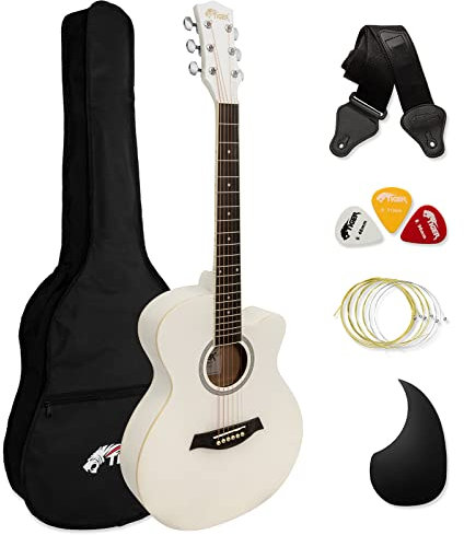 Tiger ACG1-WH Acoustic Guitar with Steel Strings - Small Body 4/4 - for Beginners aged 11+ - Bag, Strap, Spare Strings, Scratchplate and Pick Included – 6 Months free Lessons - White