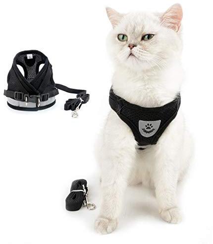 SELMAI Katzenleine mit Geschirr für Katzen Baby Reflektierend Weiches Mesh Atmungsaktiv Sicherheitsgeschirre für Hunde Kein Zug Gepolsterte Westengeschirr Kleine Hunde Welpen Chihuahua Schwarz S
