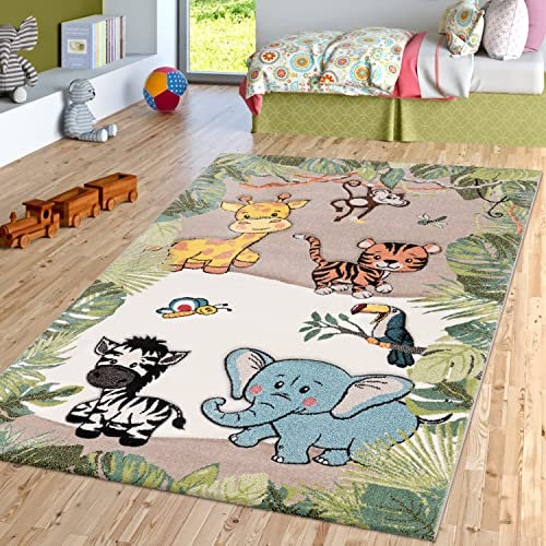 TT Home Kinderzimmer Teppich Dschungel Zoo Tiere Zebra Tiger Löwe AFFE Beige Creme, Größe:Ø 120 cm Rund
