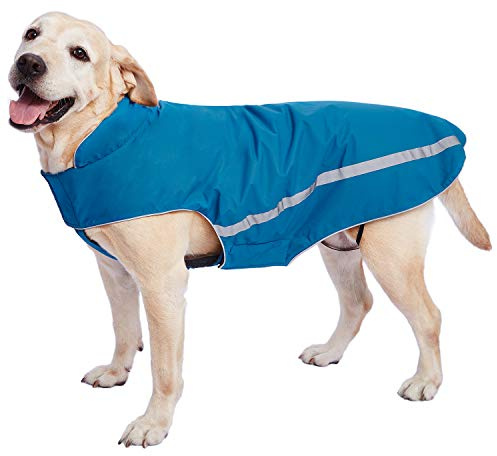 Wasserdichter Hundemantel Hundejacke mit Kragenloch Klettverschluss Fleece gefüttert reflektierender Wintermantel für mittelgroße große Hunde Blau 4XL