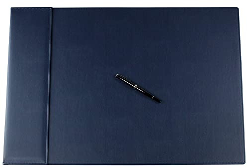 DELMON VARONE - personalisierbare Schreibtischunterlage 65 x 45 cm mit Klappleiste inkl. Block & Kalender 2026/2027 Lederimitiat Blau - Rutschfeste Kunstleder Schreibunterlage abwischbar