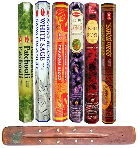 HEM Incense Sticks - 6 unique and premium flavours - Sandalwood, Red Rose, Lavender, Dragons Blood, White Sage, Patchouli with SAMASIA incense holder
