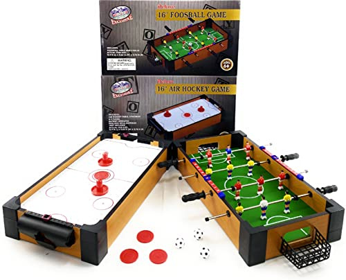 Matty's Toy Stop Deluxe Wooden 16 Mini Table Top Air Hockey (Extra Pucks) & Foosball (Soccer) (Extra Balls) Games Gift Set Bundle - 2 Pack