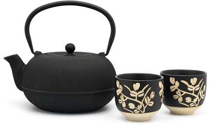 Gusseisen Teekanne 1.0 L Set mit 2 Teebecher aus Porzellan - 3-teiliges Geschenk-Set