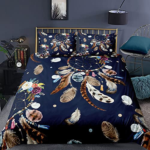 GETIYA Bunt Blume Bettwäsche 135x200 Exotisch Stil Traumfänger Bettwäsche Mikrofaser Federn Muster Bettbezug Boho Deckenbezug Romantisch Bettbezug Einzelbett mit Kissenbezug 80x80cm